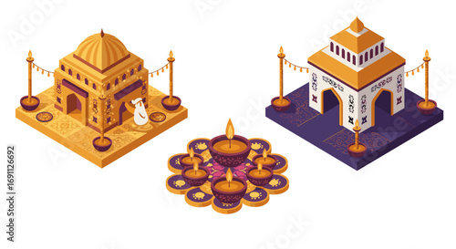 Isometric temples and diwali decorations with festive lamps and lighting