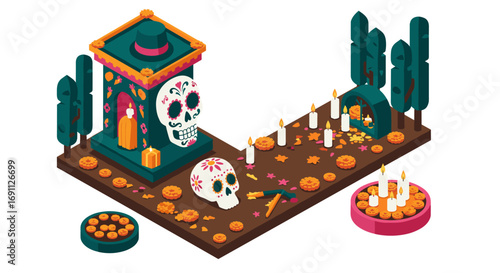 Isometric day of the dead altar with skulls, candles, and marigolds in a festive setting