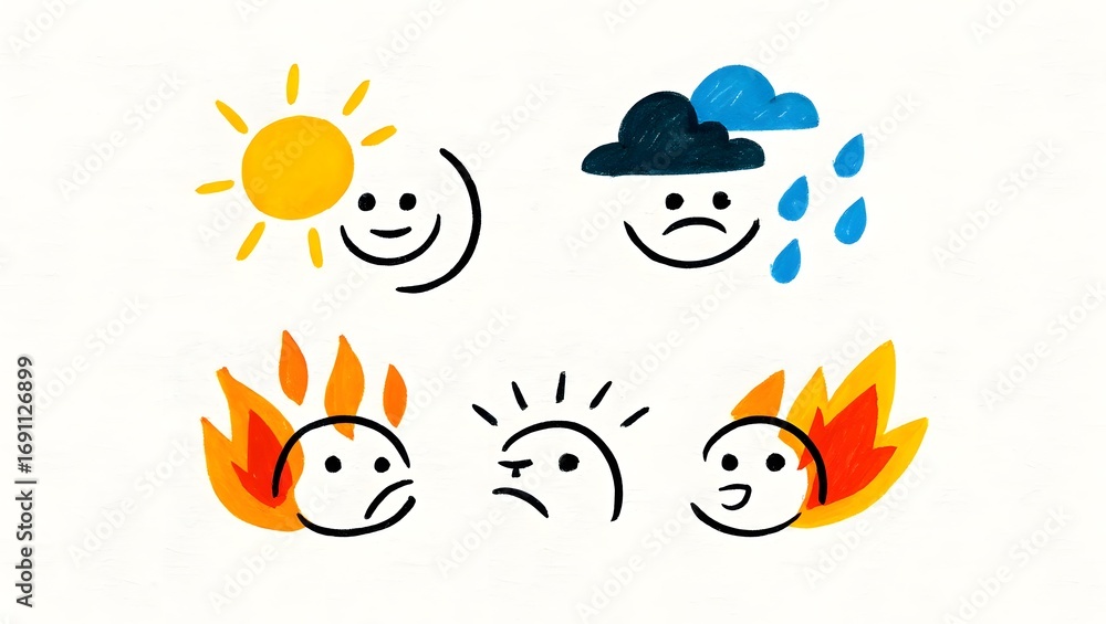 Fototapeta premium Cute Hand-Drawn Emotion Faces – Doodle-Style Set of Simple Round Faces Showing Happy, Sad, Angry, and Surprised Expressions