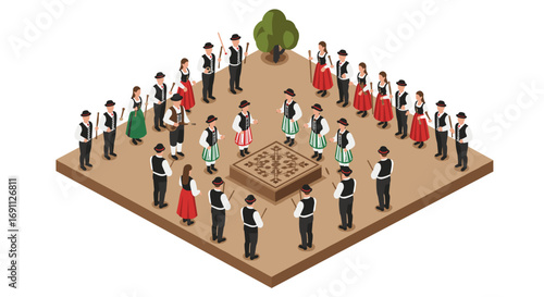 Isometric folk dance gathering with traditional costumes in a cultural festival setting