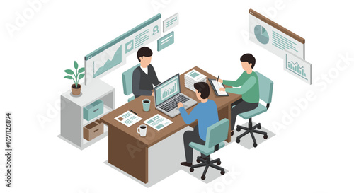 Collaborative team meeting in modern office with technology and data visualization