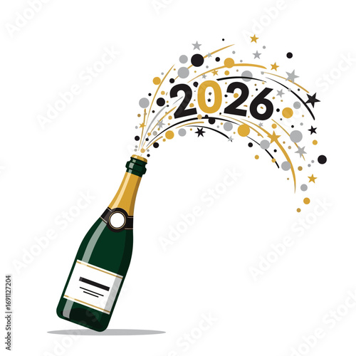 Champagne Bottle Bursting with 2026 Celebration Elements