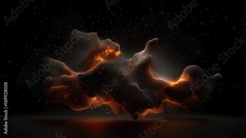 A digital illustration of a fiery, abstract shape against a black background.