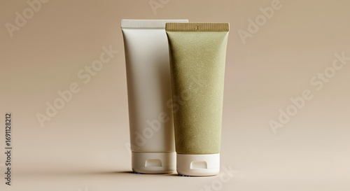 Wallpaper Mural Two cosmetic tubes on a beige background, minimalistic beauty product presentation Torontodigital.ca