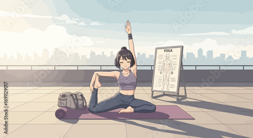 Anime girl practices yoga on a rooftop with cityscape backdrop at sunset creating serene ambiance