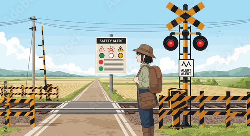 Anime style illustration depicting a young woman at a rural railroad crossing waiting for passage