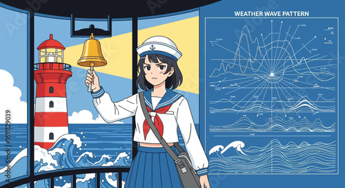 Anime style illustration of a sailor girl ringing a bell near a lighthouse at sea with weather