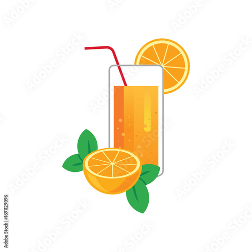 Fresh Orange juice in the Glass beautiful cute fresh drawing in flat concept with a fruit orange in drawing illustration templete in vector .