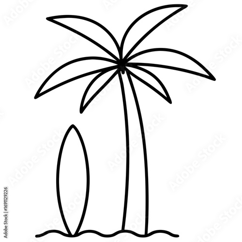 Palm tree with surfboard outline vector, a modern surfboard icon art design, black vector of various surfboards, simple various beach tree art, palm tree isolated