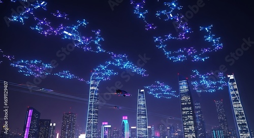 Night City Lights Illuminated by Drones.