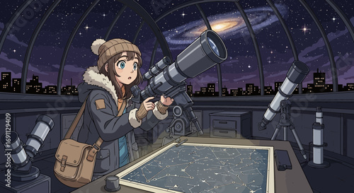 A curious young woman observing the galaxy through a telescope in an observatory filled with stars