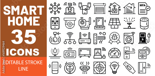35 smart home icons representing security automation energy devices and more vector