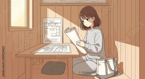 Young woman architect studying blueprints in a wooden cabin with natural light streaming through