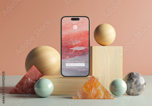 Modern Smartphone Placed On Creative Minimalist Elements Mockup
