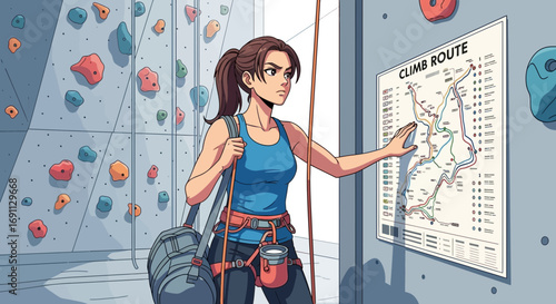 Illustration of a young woman preparing for indoor rock climbing route planning carefully