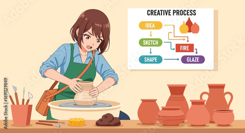 Anime potter crafting clay pottery with creative process diagram in the background artwork