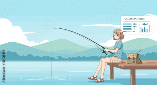 Anime style girl fishing on a pier surrounded by a lake and mountains background