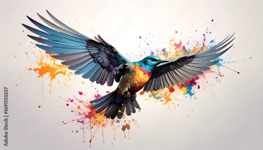 Obraz premium Bird Flying with Colorful Paint Splashes Artistic Illustration