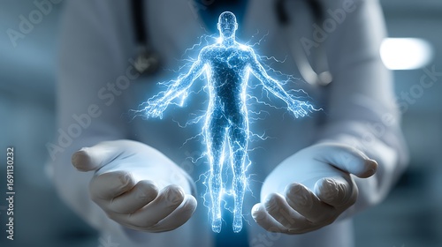Doctor Holding Human Body Energy Aura with Lightning in Gloves and Lab Coat