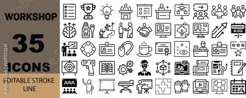 35 hand-drawn workshop icons collection for design projects vector
