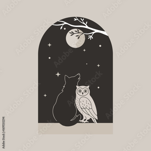 Wolf and owl vector illustration.
