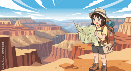 Animated traveler explores the grand canyon with a map and a sense of adventure