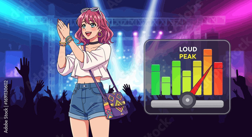 Energetic anime girl applauding at a concert with a loud peak meter display