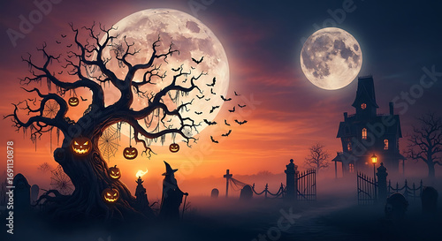 Spooky Halloween graveyard scene with a haunted house and glowing jack-o'-lanterns under a full moon