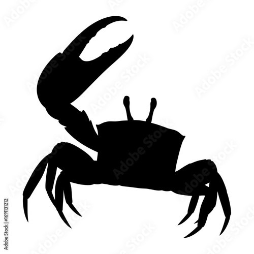 Black crab silhouette with raised claw isolated on white background