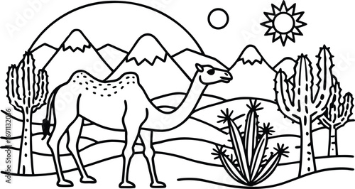 Desert landscape with camel and cacti scene line art majestic camel under a sunny sky