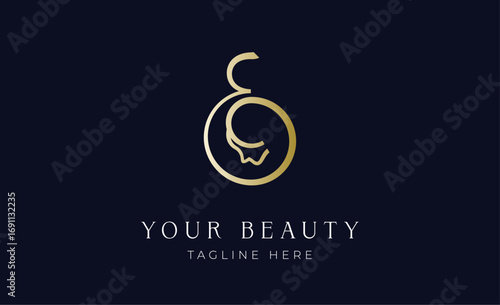 Logo line gold colour women face with letter e. Beauty concept with minimalist  modern and luxury brand identity.