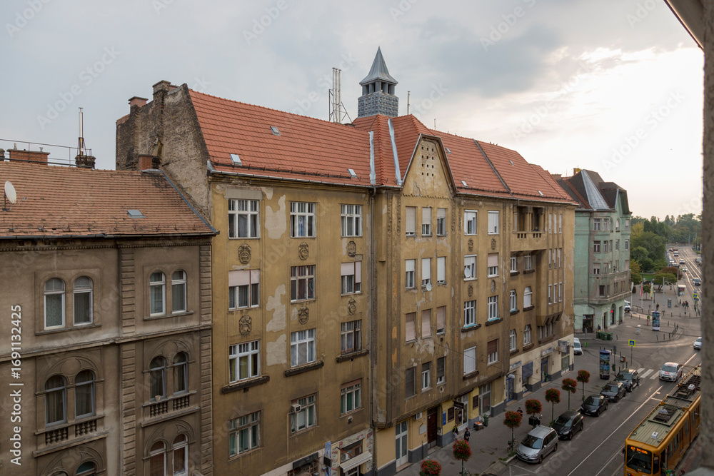 Fototapeta premium Budapest, Hungary - August 23, 2019: Window view of a street in the center of Budapest.