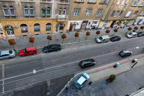 Budapest, Hungary - August 23, 2019: Window view of a street in the center of Budapest.
