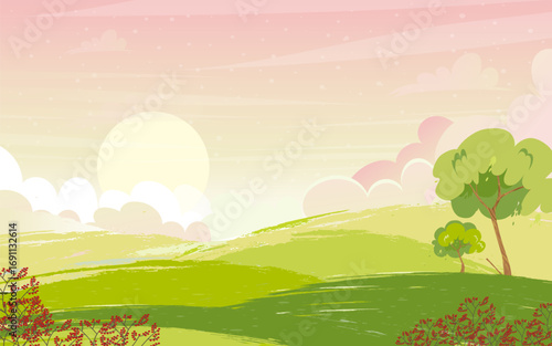 Spring landscape illustration green grass rolling hill,trees on soft pink sky cloud,warm sunlight background.Bright color seasonal for Easter greeting card design,Nature banne.Fresh Summer rural scene