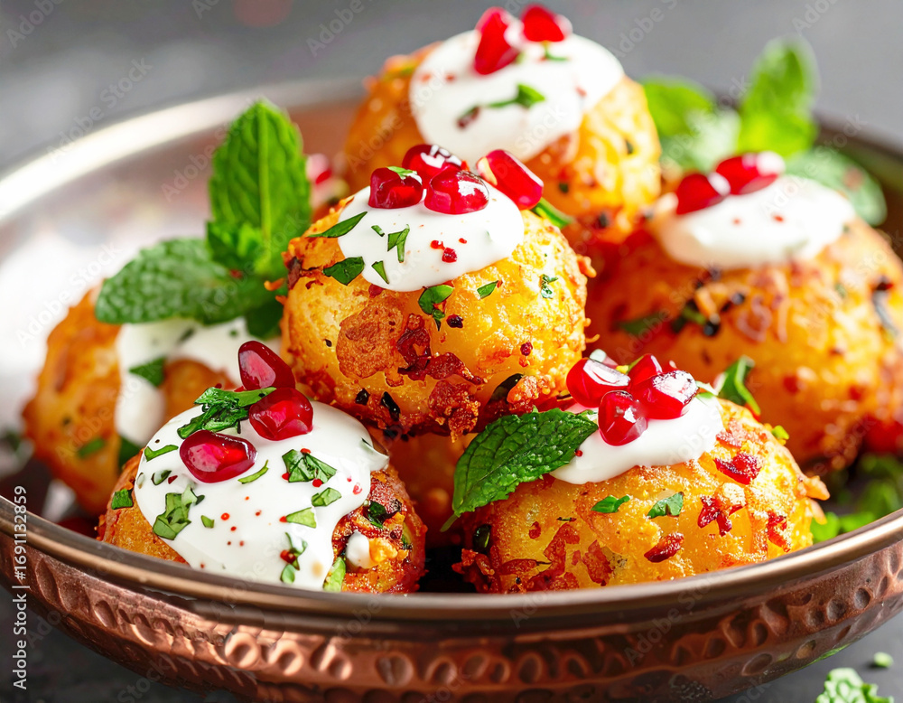 Obraz premium Dahi kachori, Indian street food dish, fried, stuffed potato balls topped with cream sauce and pomegranate. AI
