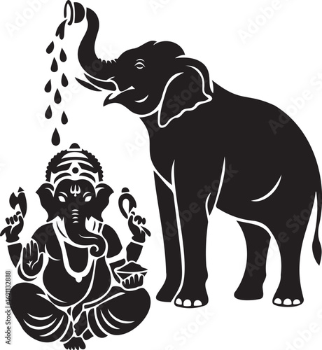 Divine Elephant and Ganesha: This artwork depicts a serene illustration of Ganesha, the elephant-headed deity, as he receives a ceremonial blessing from a majestic elephant.