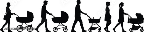 Parents pushing baby strollers silhouette, family walking together, young mothers and fathers, 