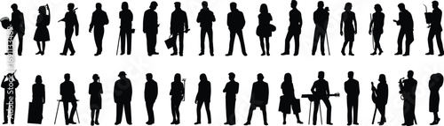 Silhouette collection of diverse people standing, walking, holding objects, working, playing music, black human shadow figures illustration, modern vector design concept art