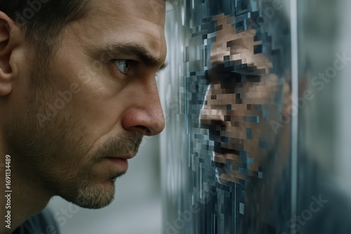Mirror Reflections: A man gazes intently into a reflective surface, his expression mirroring a pixelated digital avatar, blurring the lines between reality and the digital world. 