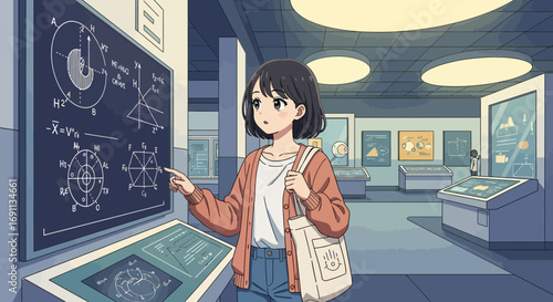 Anime girl explores interactive science exhibit at modern museum setting, perfect for educational