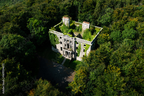Aerial view of the Ivy-Covered Moore Hall Historic Ruins Surrounded by Irish Forest	