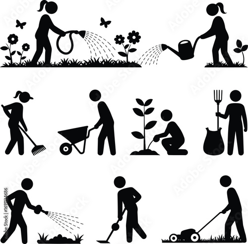 (278)Gardening Activity Silhouette Set – Black and White Vector Illustrations of Watering, Planting, Mowing, and Outdoor Care