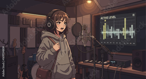Anime girl recording vocals in a professional music studio with sound equipment and chart audio