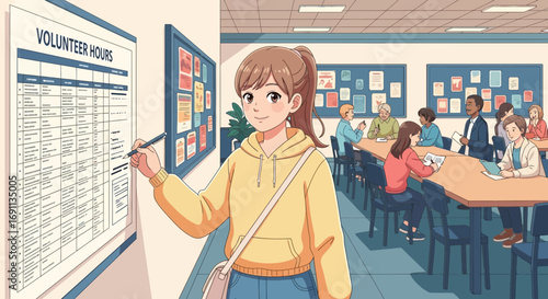 Anime style illustration depicting a young woman signing up for volunteer hours with group of people