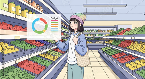 Anime style illustration depicting careful budgeting at a supermarket with a shopping woman