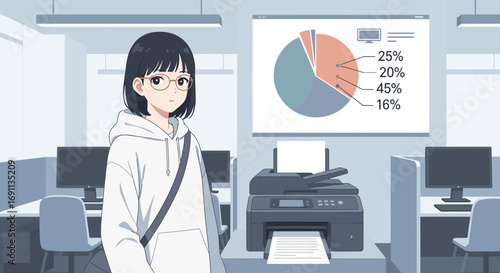 Anime style illustration of a young woman in an office setting with data charts and printer