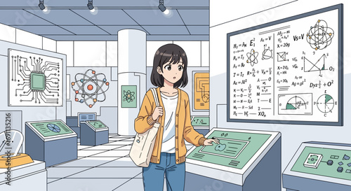 Anime style illustration of a young woman exploring science museum exhibition hall featuring