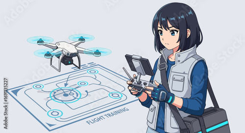 Anime style illustration of a young woman piloting a drone with flight training guide aerial focus