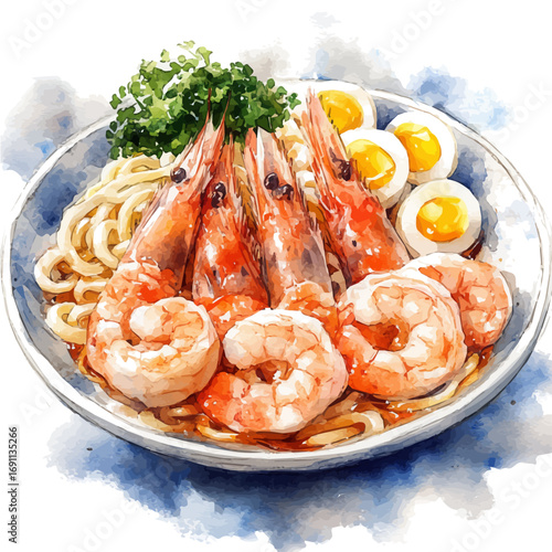 Udon Noodles, watercolor clipart vector, isolated on a white background.