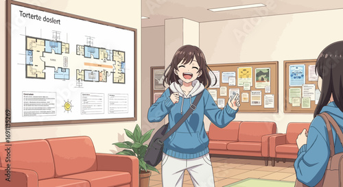 Anime style illustration of students chatting in school corridor with detailed architecture plan